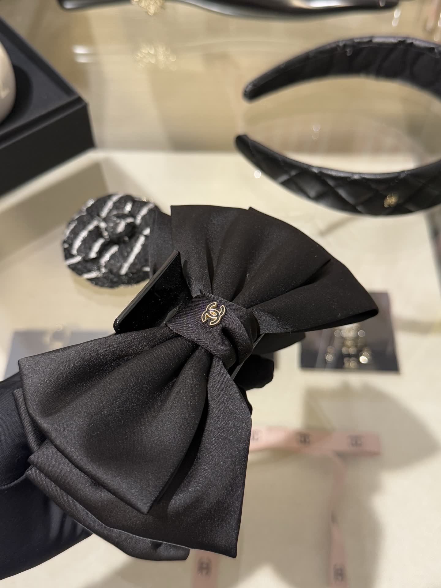 Chanel Black Satin Bow Hair Clip